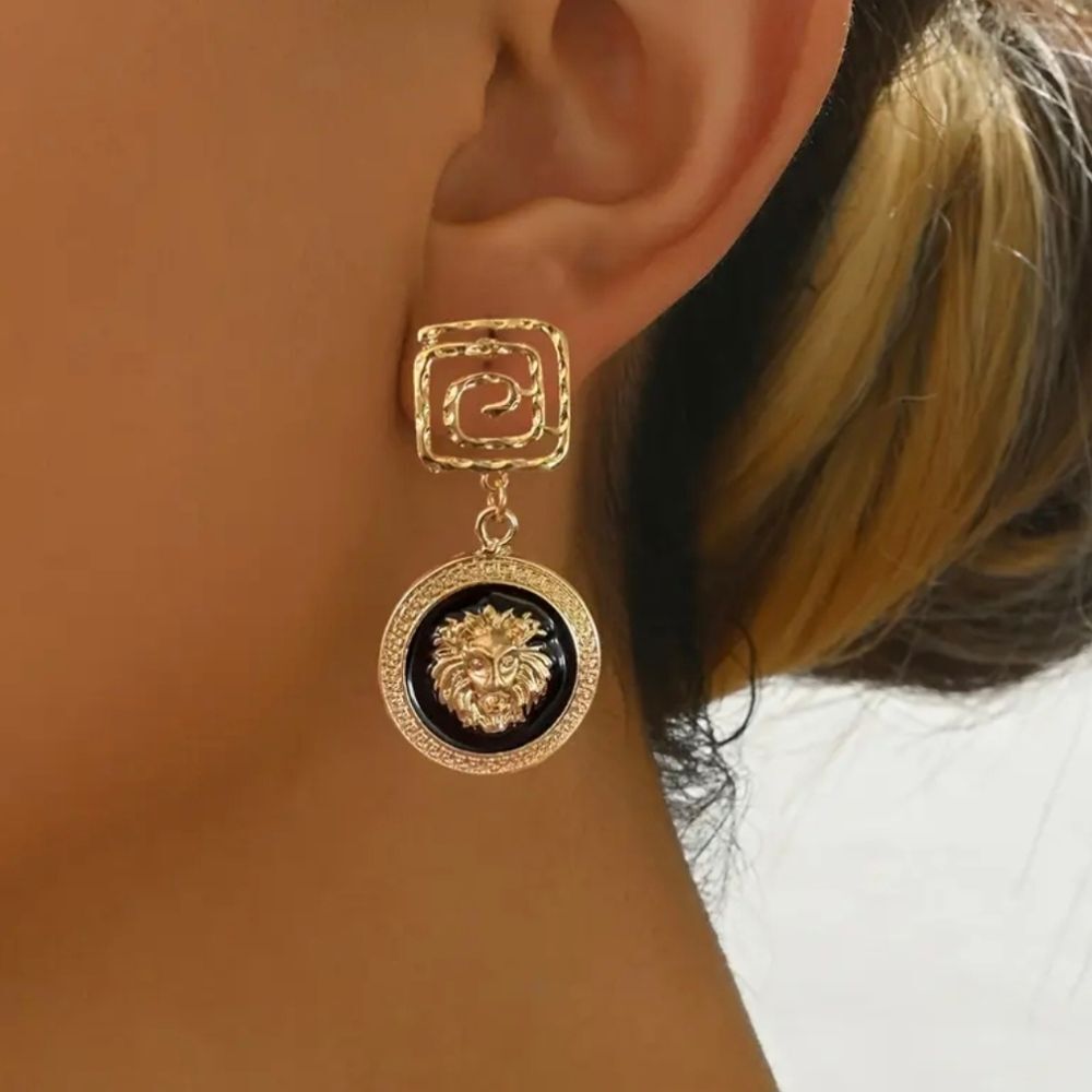 Designer Inspired Black & Gold Lion Earrings